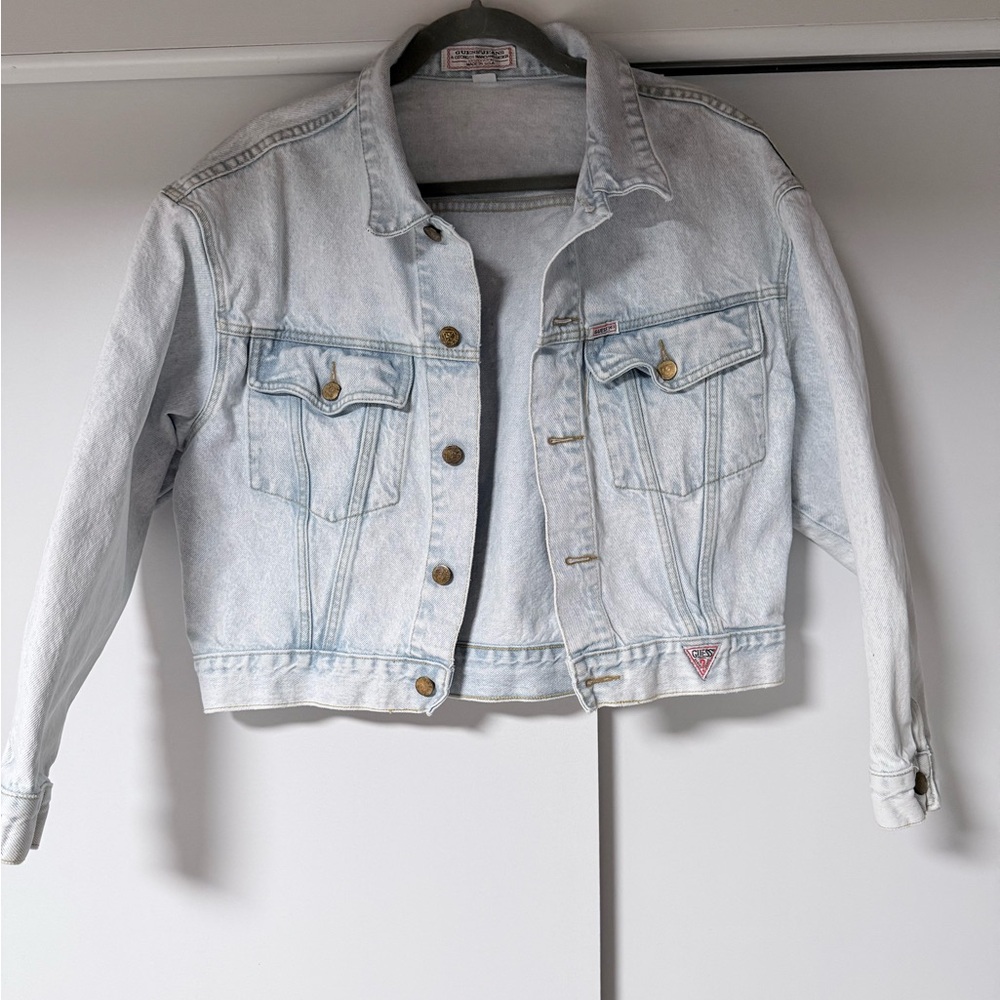 Vintage 80s Guess Jeans Cropped Denim Jacket Made in USA Light Wash XL